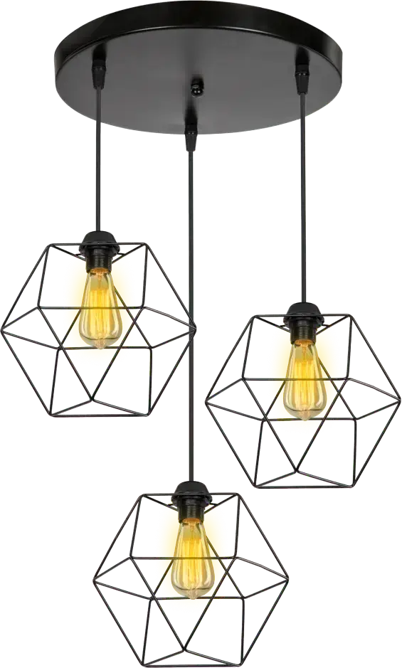 A modern 3-light geometric wire cage pendant ceiling fixture with glowing Edison bulbs isolated on a white background in Central Florida.