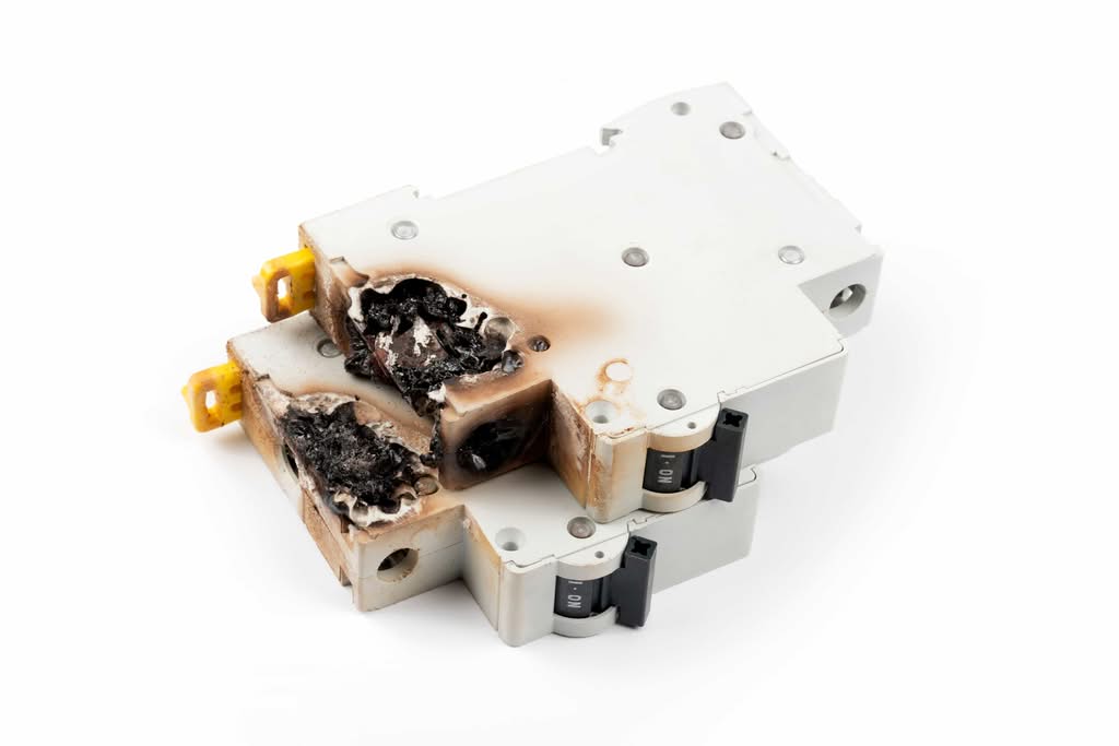 Lightning Damage Electrical Panel: Ultimate Ocala Safety Guide 3 A studio close-up of a damaged, black industrial plastic circuit breaker switch isolated against a solid white background, illustrating a components fault requiring replacement.