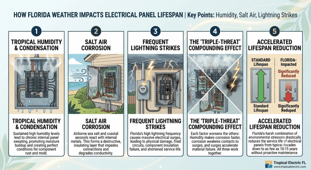 Expert Electrical Panel Upgrade Guide: 2026 Florida Costs 3 Infographic showing how humidity, salt air, and lightning reduce electrical panel lifespan in Florida.