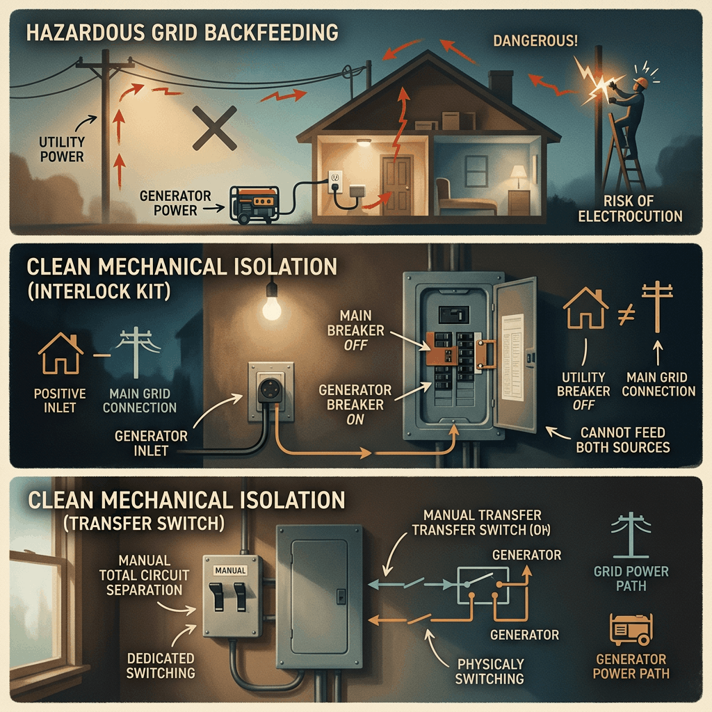 Interlock Kit vs. Transfer Switch: Best Generator Setup Guide 2 Infographic diagram illustrating hazardous grid backfeeding dangers alongside safe mechanical isolation options, including a generator interlock kit and a manual transfer switch installation in Houston, Texas.