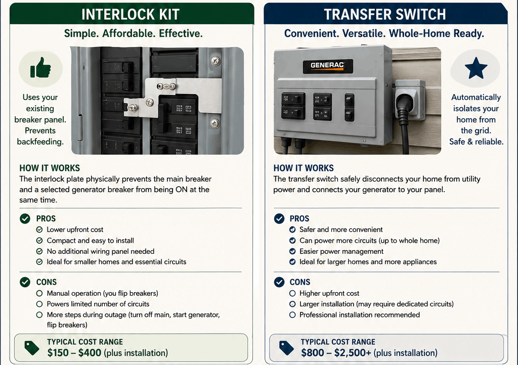 An informational infographic guide titled 'Interlock Kit vs. Transfer Switch' breaking down the pros, cons, and costs of a portable generator setup for a home in The Villages, Florida.