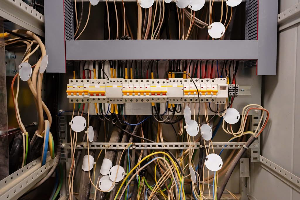 Overloaded Breakers: Why Your AC Trips the Fuse Box (Fix) 2 A close-up view of complex commercial electrical panel wiring with numerous circuits, tags, and industrial circuit breakers in a control box located in Chicago, Illinois.