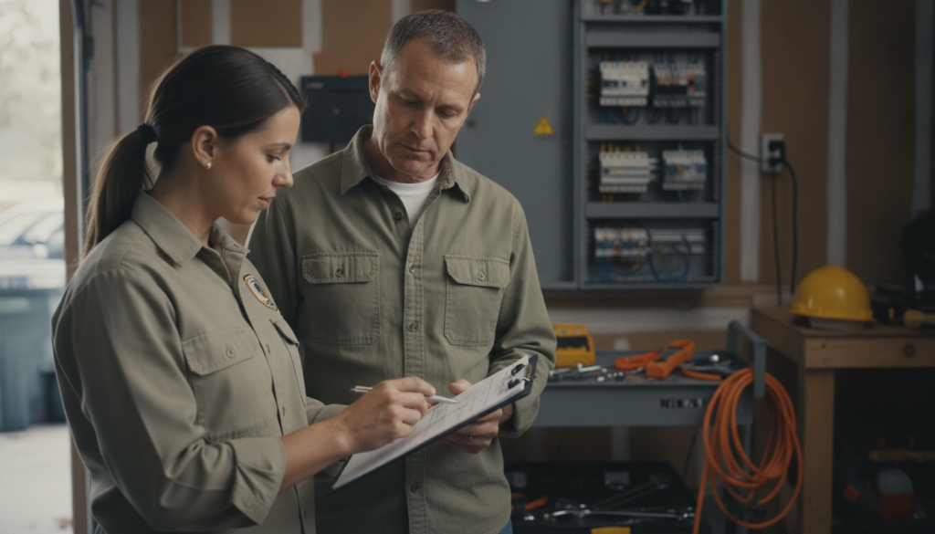 Belleview Homeowners: What Should I Ask an Electrician to Check for Me? 3 Belleview FL homeowner reviewing electrical panel results with licensed electrician