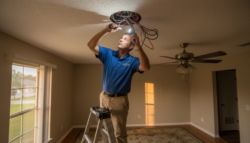 ceiling fan repair marion technician inspecting wiring box