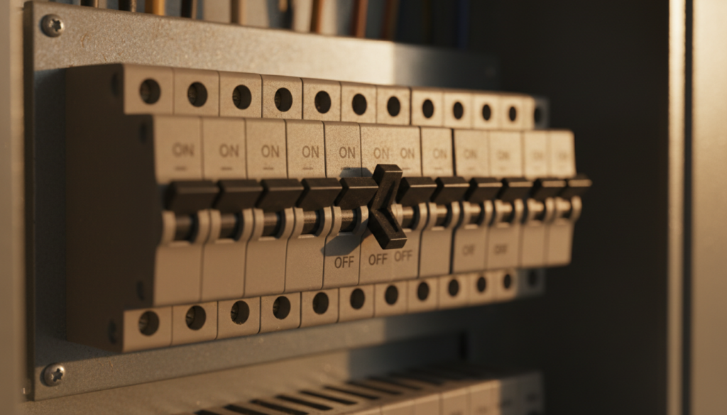 Ocala Circuit Breaker Repair: What Homeowners Need to Know in 2026 2 close-up of a residential breaker panel with one tripped switch highlighted