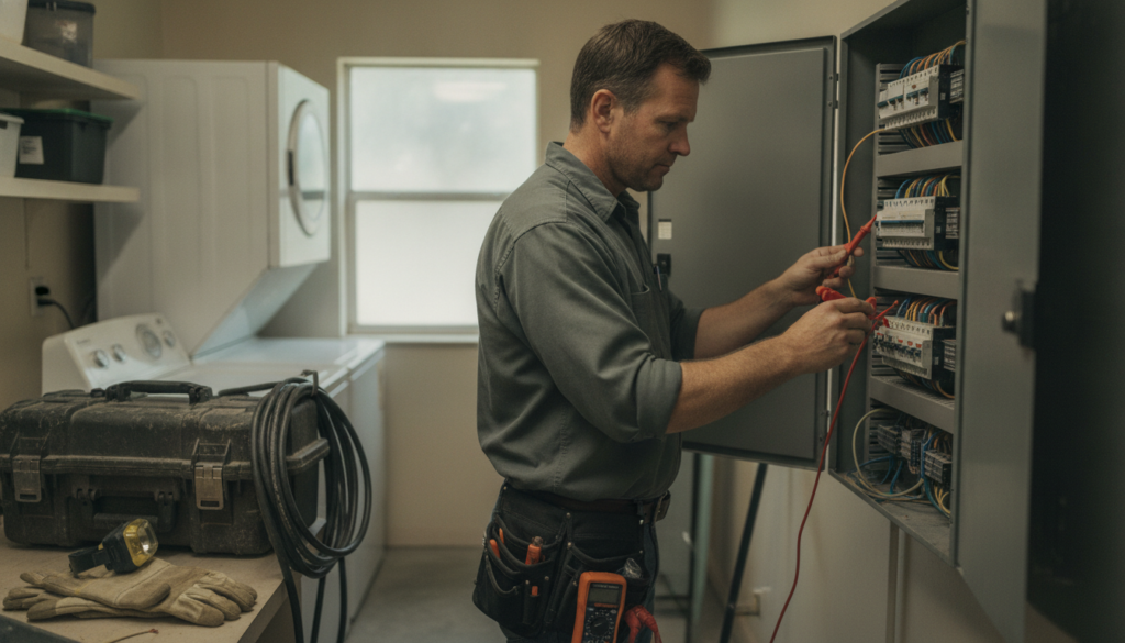 electrician performing a check for me electrical safety inspection on a home panel in Belleview FL