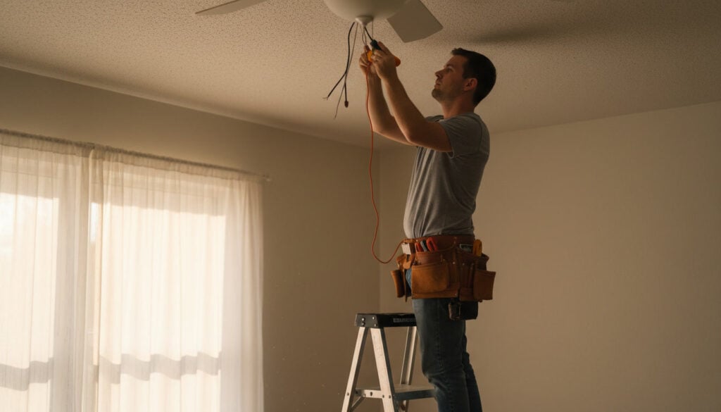 electrician performing ceiling fan repair in Marion County home
