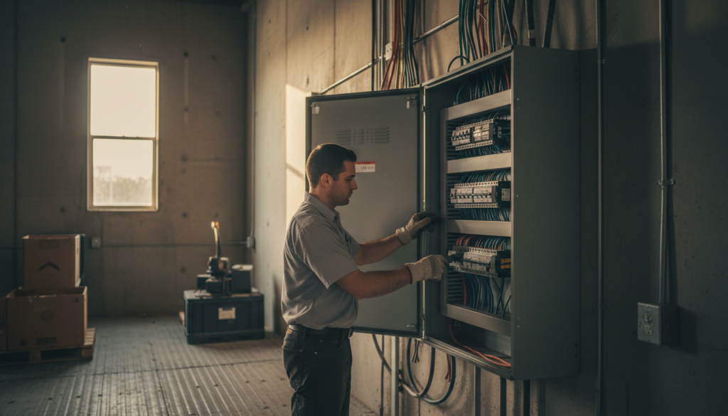 electrician performing commercial electrical services on a panel inside a Central Florida business