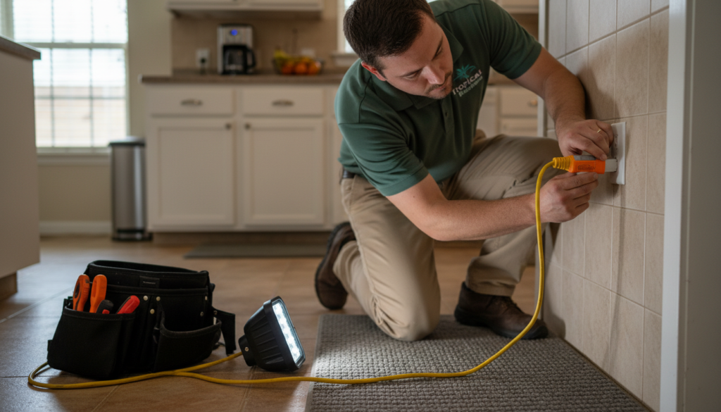 Belleview Homeowners: What Should I Ask an Electrician to Check for Me? 2 technician testing GFCI outlet during a home electrical checkup