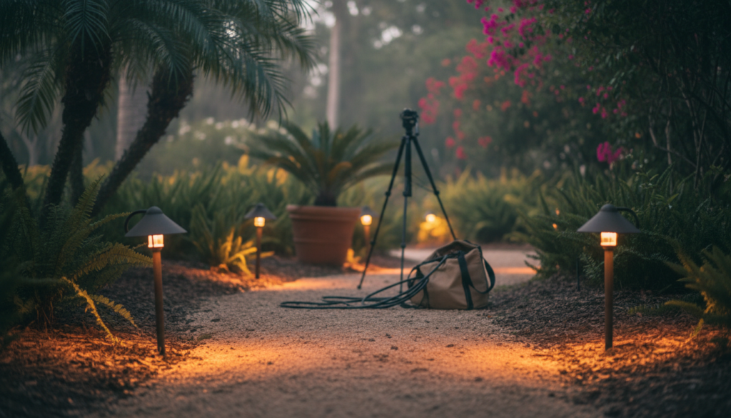 warm-toned custom lighting naples style walkway fixtures illuminating a Central Florida garden path at dusk