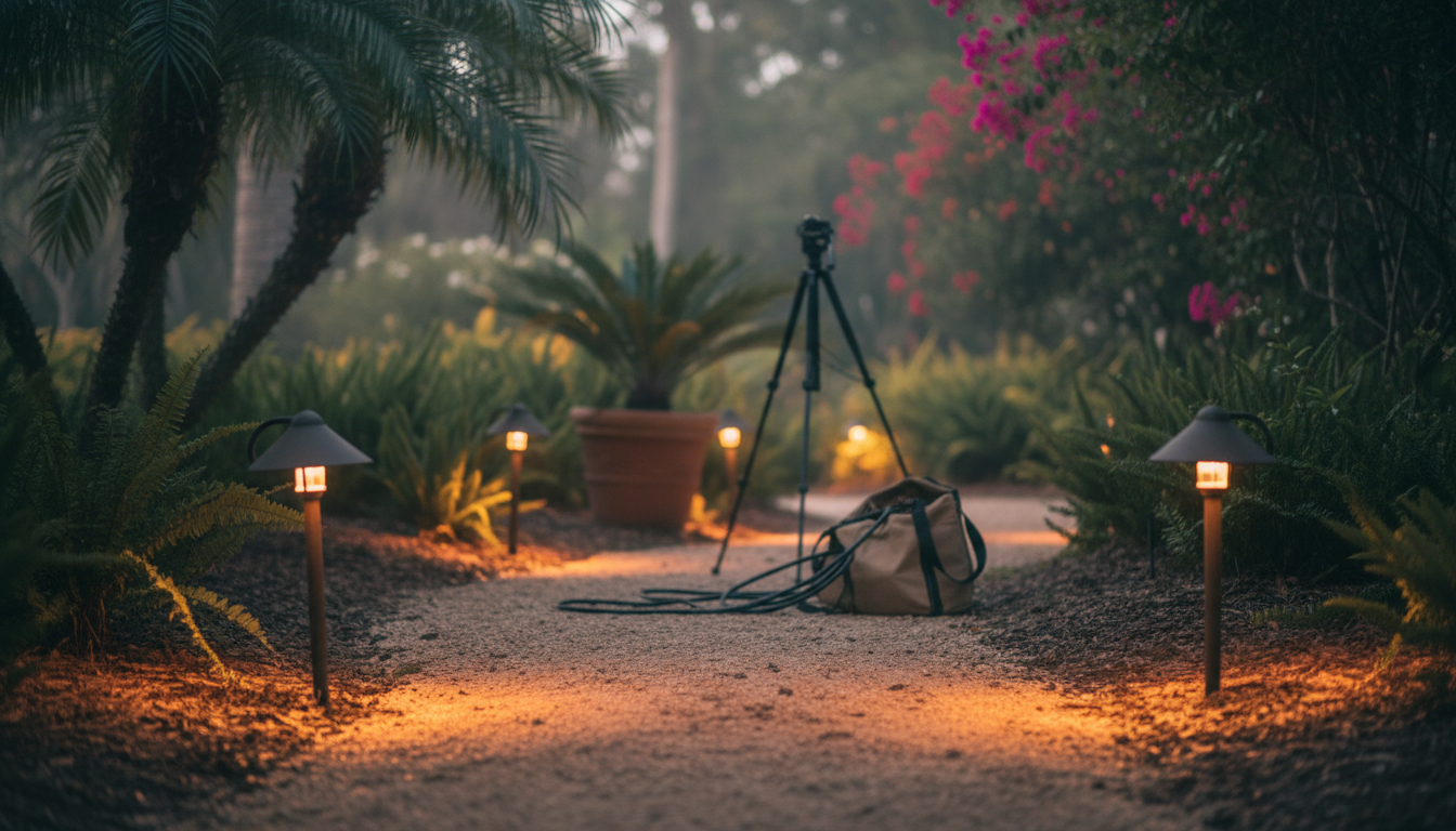 warm-toned custom lighting naples style walkway fixtures illuminating a Central Florida garden path at dusk
