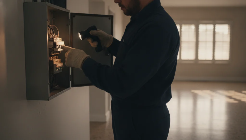 electrician inspecting an old circuit breaker panel during a breaker panel replacement Belleview service call