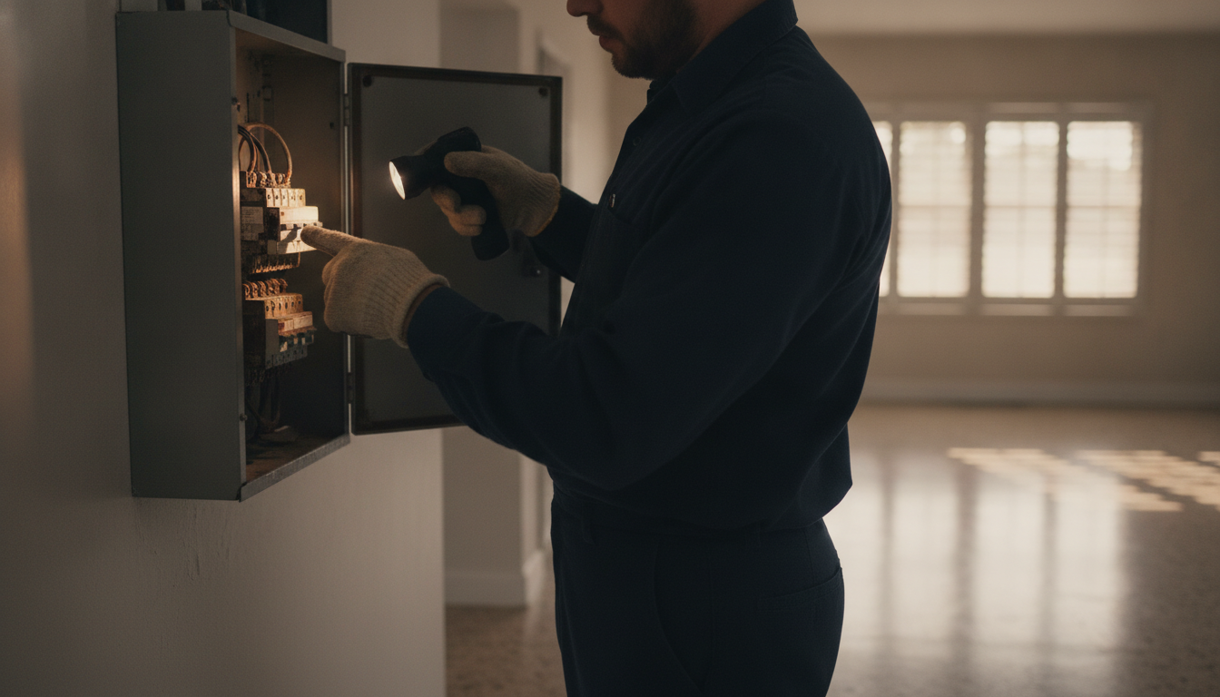 electrician inspecting an old circuit breaker panel during a breaker panel replacement Belleview service call