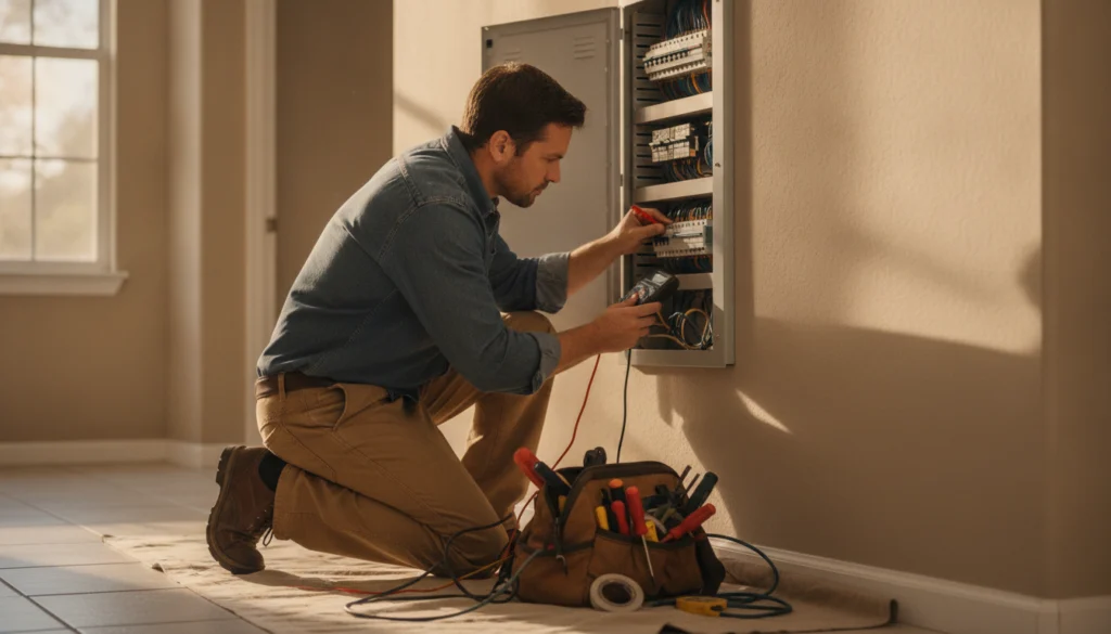 How to Choose the Best Electricians Near Me in Belleview, FL 2 electrician testing a breaker panel for warning signs in a Florida home