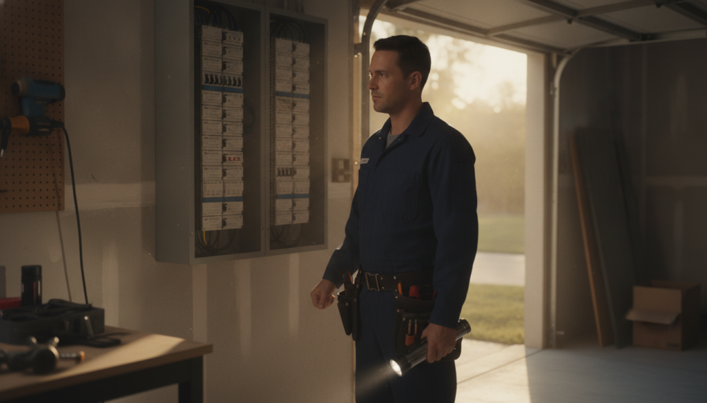 Licensed electricians near me inspecting a Belleview FL home's electrical panel