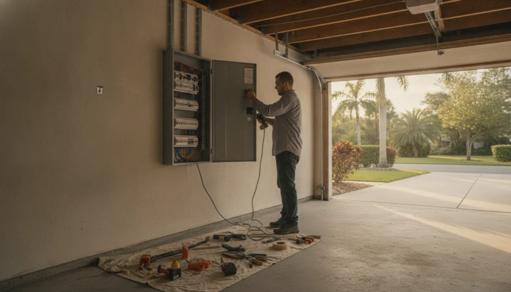 new 200-amp breaker panel installed in a Belleview FL garage
